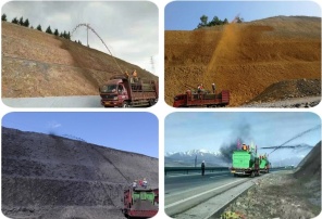 矿山复绿喷播设备团队作业现场，专业设备操作人员，绿色植被背景